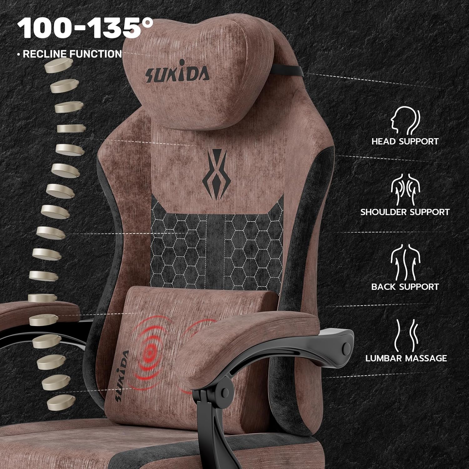 SUKIDA Fabric Video Gaming Chair, Ergonomic High-Back Computer Game Chairs with Large Massage Adjustable Lumbar Support, Headrest and Linked Armrests for Long Hours Sitting Task Chair, Brown