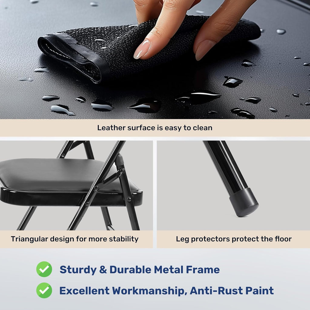 Simple Deluxe 2 Pack Foldable Padded Folding Chairs, Leather Cushion Seat & Sturdy Metal Frame, Portable Commercial Event Chair for Indoor Outdoor Home Office Parties, Black