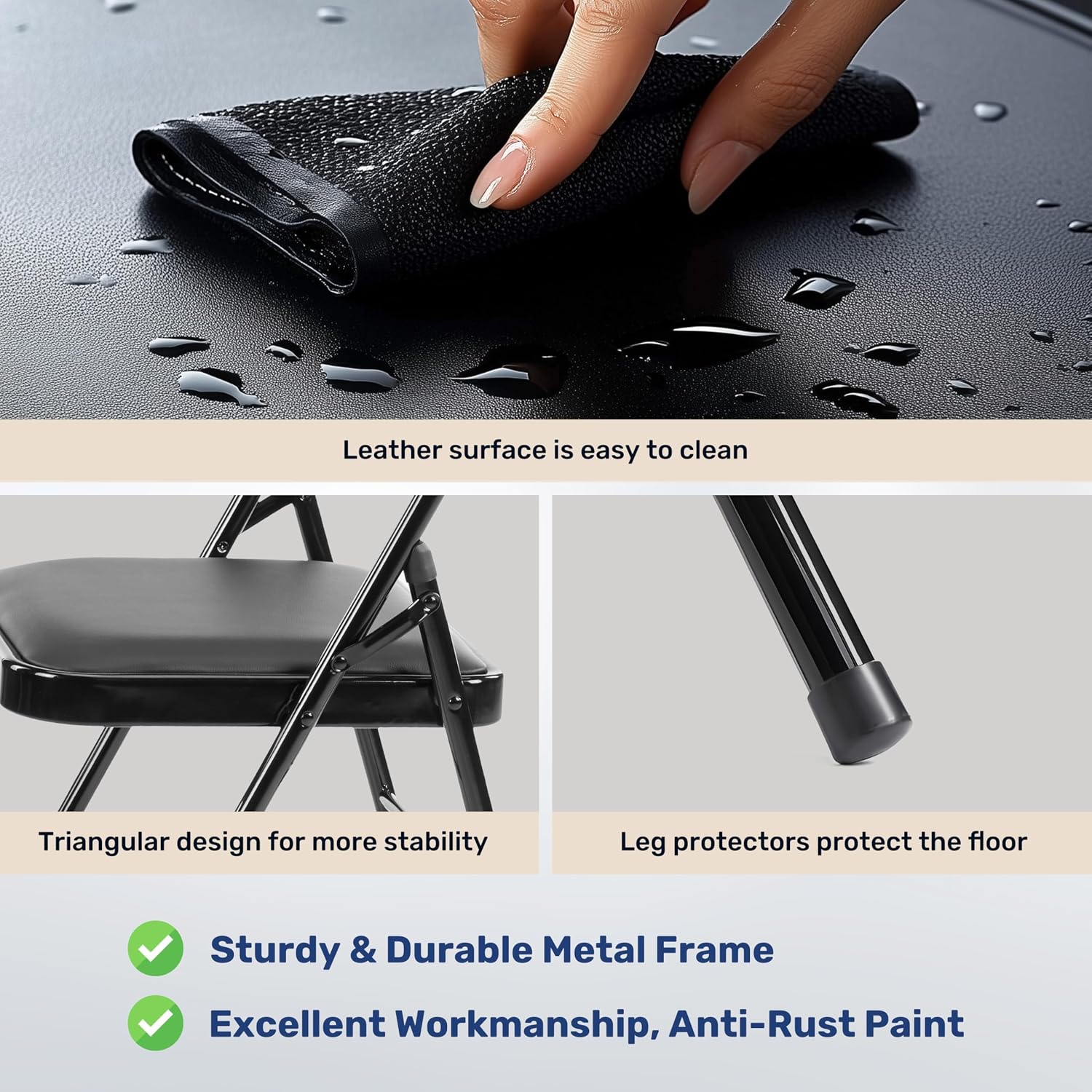 Simple Deluxe 2 Pack Foldable Padded Folding Chairs, Leather Cushion Seat & Sturdy Metal Frame, Portable Commercial Event Chair for Indoor Outdoor Home Office Parties, Black