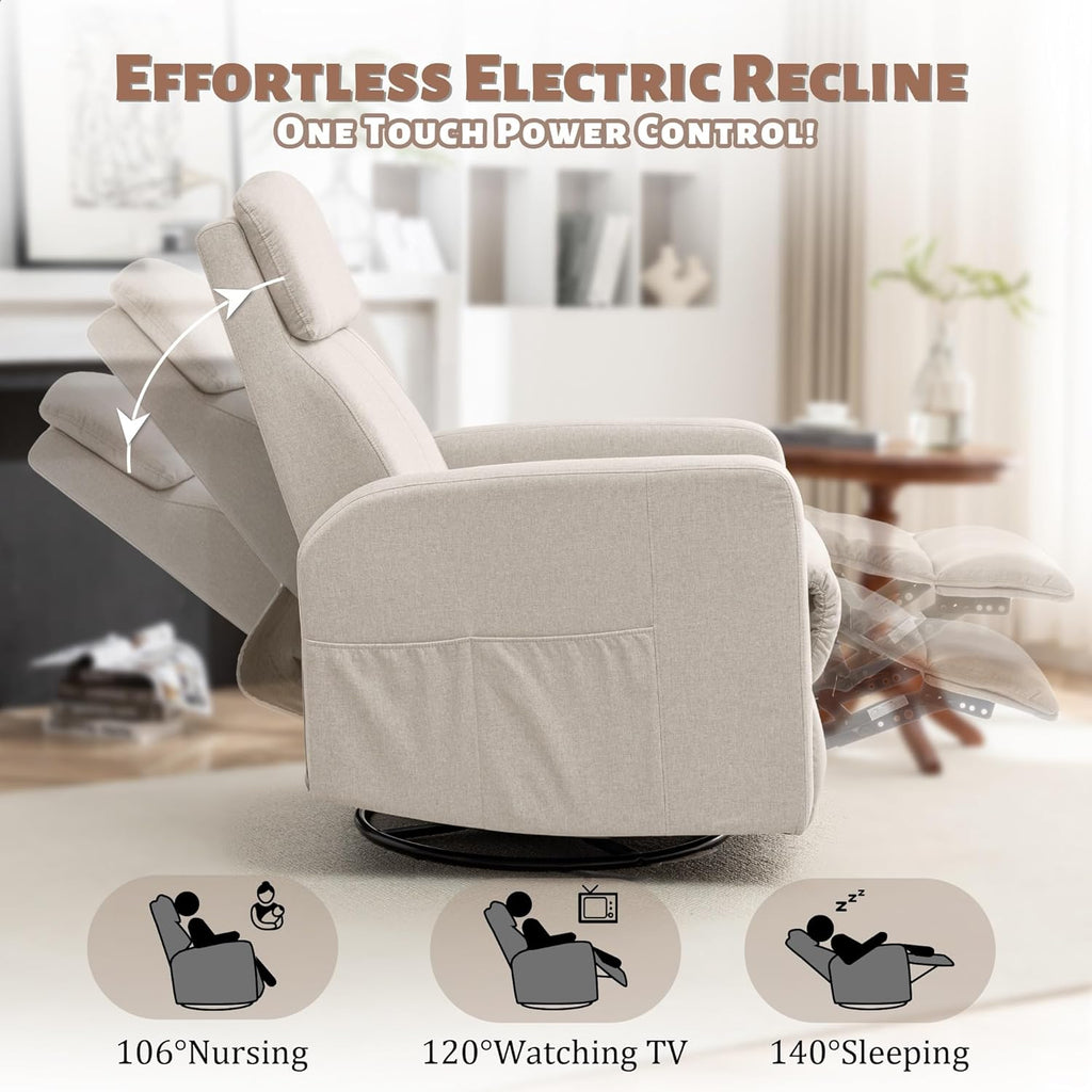 Korser Power Swivel Recliner Chairs for Adults, Electric Glider Rocking Chair Nursery, Glider Recliner Nursery Chair with Classified Side Pocket, Nursery Rocking Chairs with USB and Type-C Ports