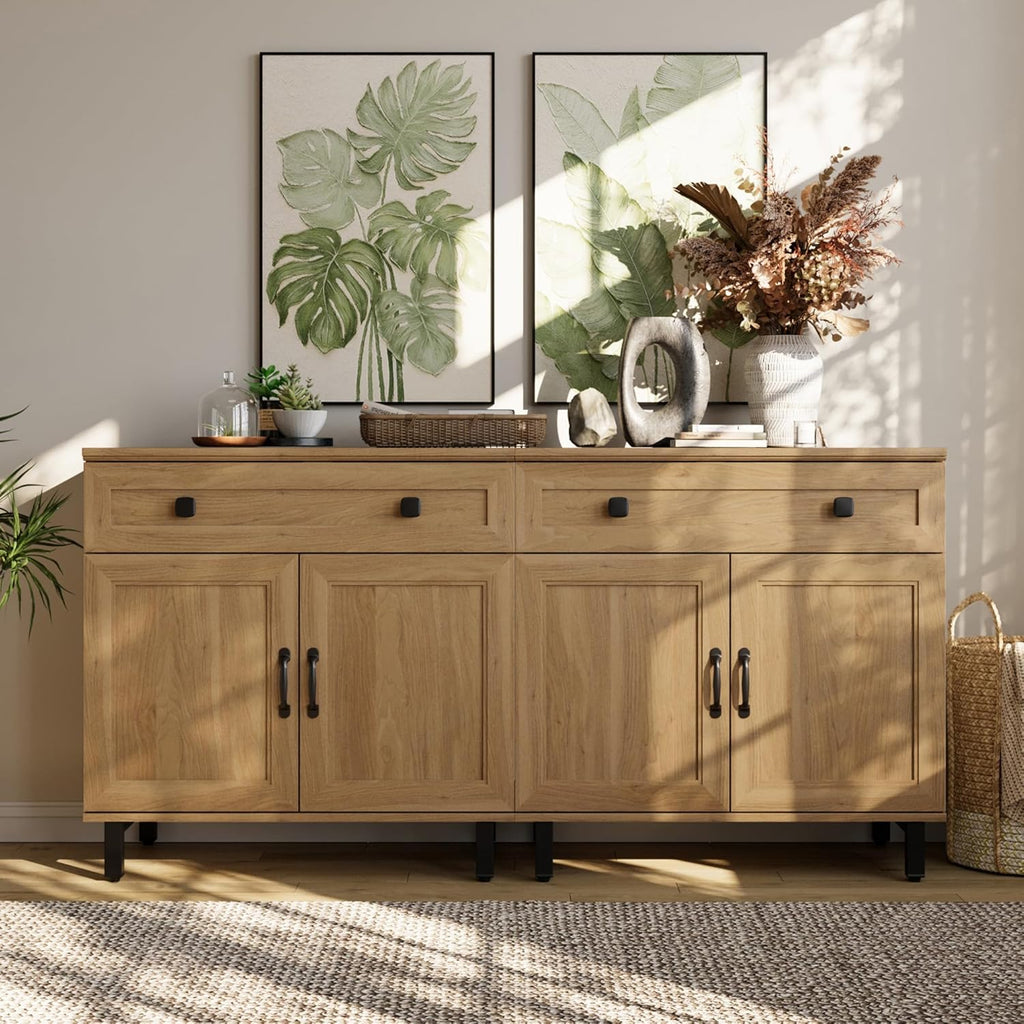 FENSULN Buffet Sideboard Cabinet Farmhouse Modern 2 in 1 Storage Cabinet with Drawer and Adjustable Shelves for Kitchen, Coffee Bar, Living Room, Oak