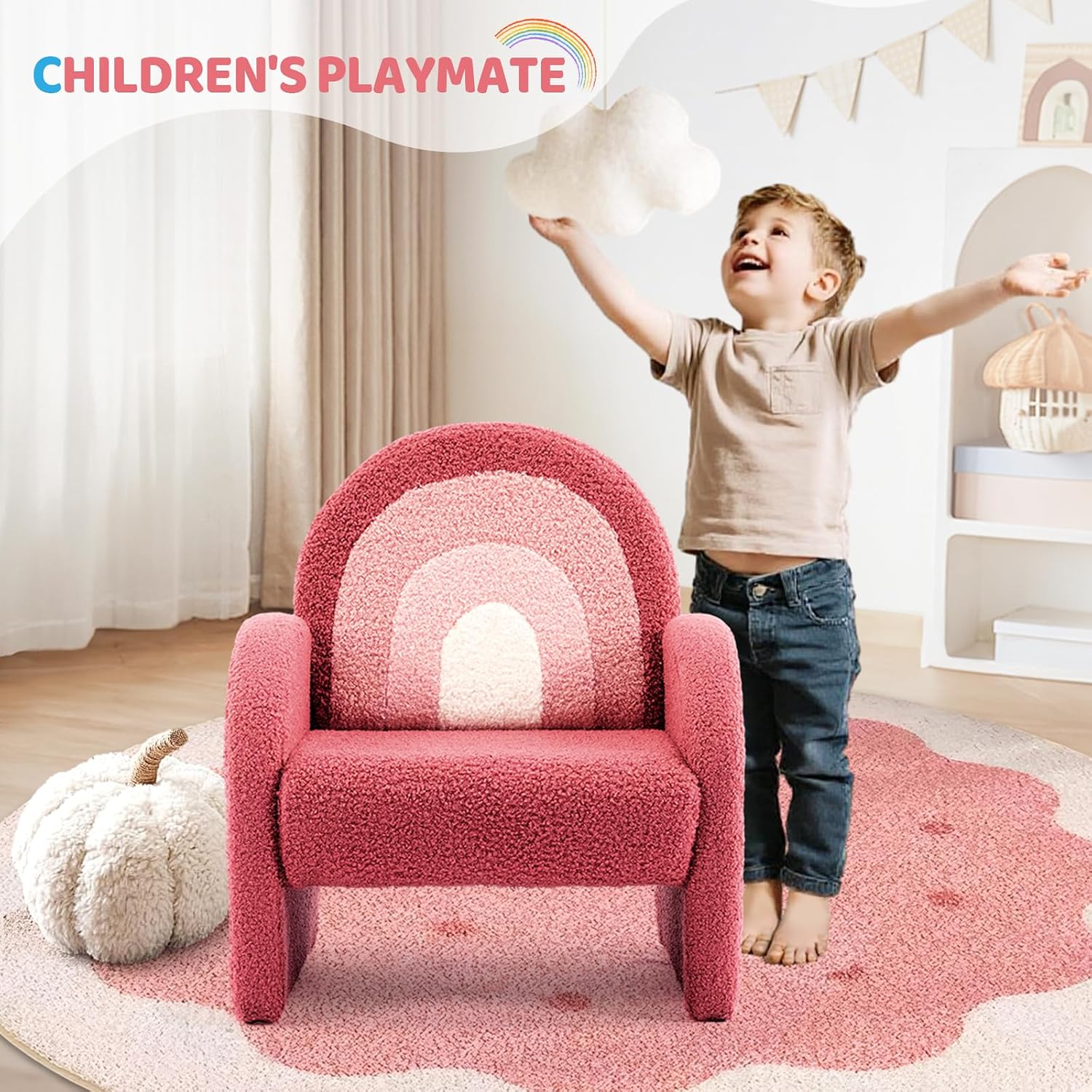 JOYMOR Kids Sofa, Toddler Armchair with Full Teddy Fleece Coverage, Ultra-Soft & Plush, Sturdy Base for Boys and Girls, Red