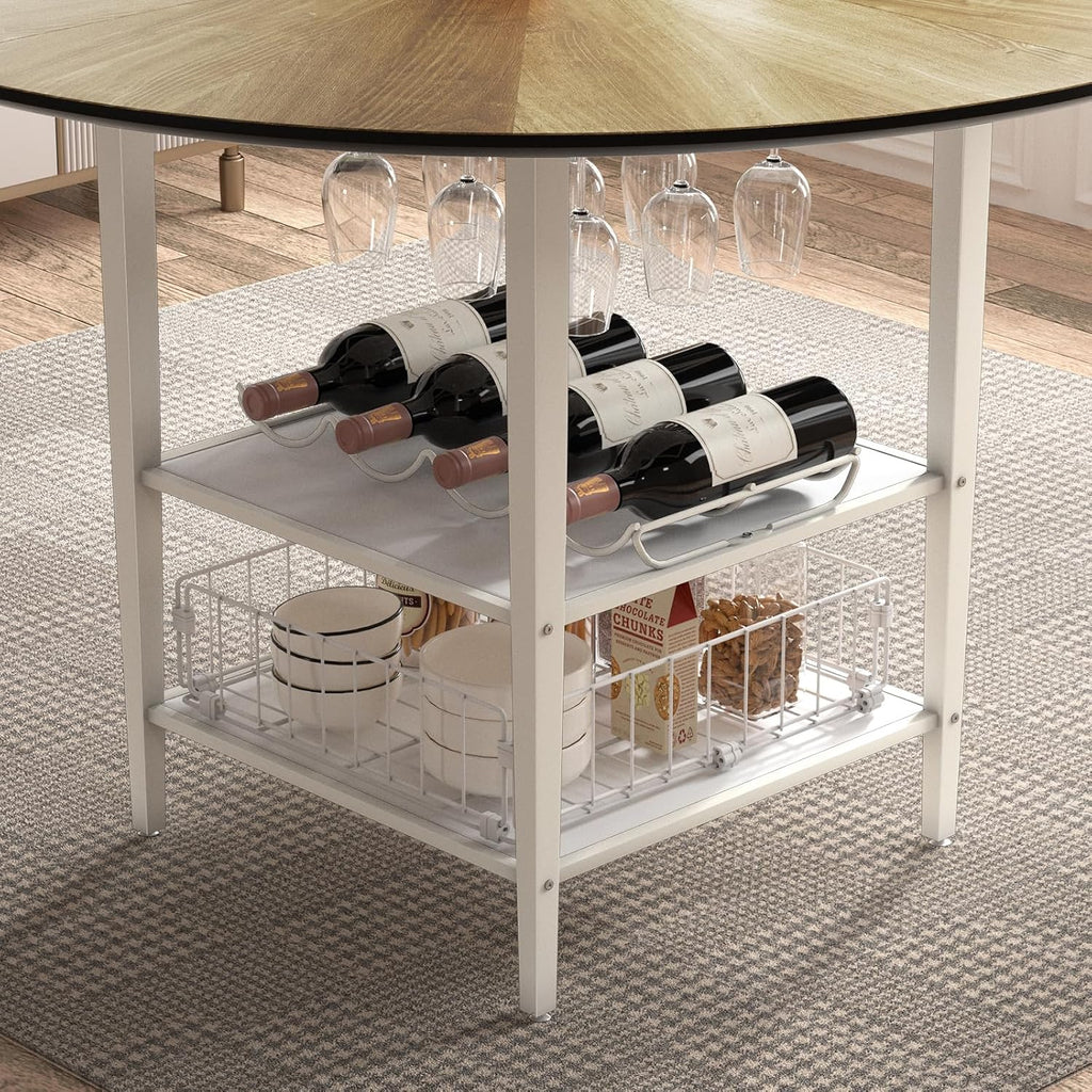 VFK 47'' Round Dining Table Set for 4-6, Farmhouse Kitchen Table with 4 Chairs & Storage Rack, Rustic Wood Dining Set with Sturdy Metal Base for Dining Room & Living Room