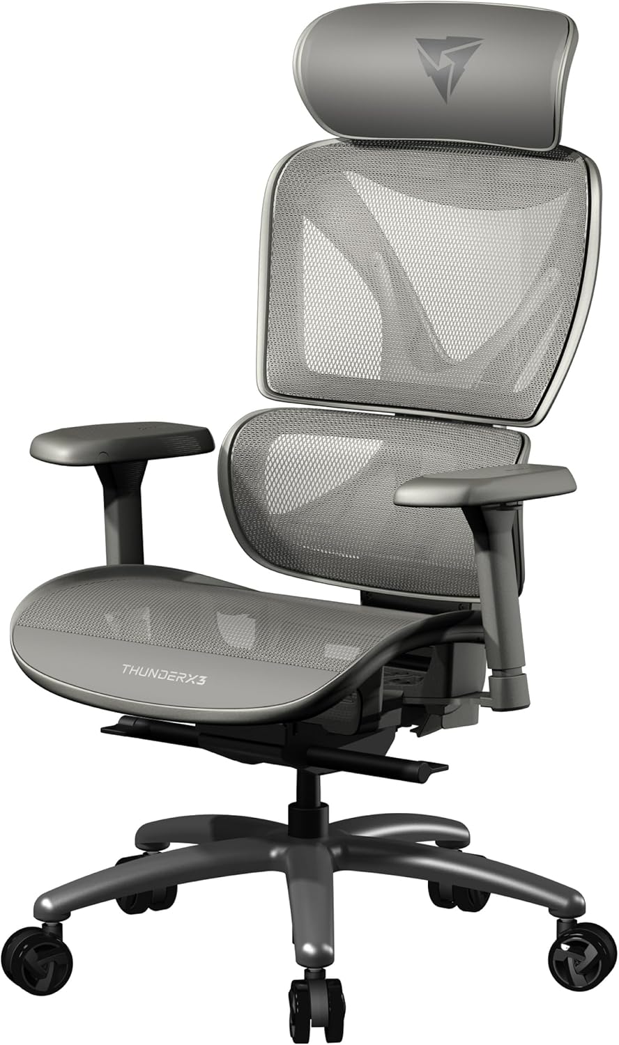 ThunderX3 XTC Ergonomic Office Chair, for Adults Gaming Chair, High Back Desk Chair, Synchronous Tilt, Self-Adjusting Lumbar Support and Backrest, Adjustable Headrest, Breathable Mesh, Grey