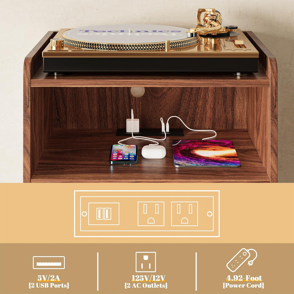 Record Player Stand, Turntable Stand with Record Storage and Charging Station & USB Ports, Record Player Table with Metal Divider, Record Stand Up to 160 Albums for Living Room, Bedroom Walnut