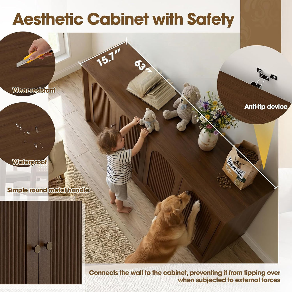63" Buffet Sideboard Cabinet with Storage, Modern Credenza w/4 Fluted Arched Doors & Adjustable Shelves, Wood Accent Cabinet Coffee Bar Console Table for Living Room Kitchen (Walnut)