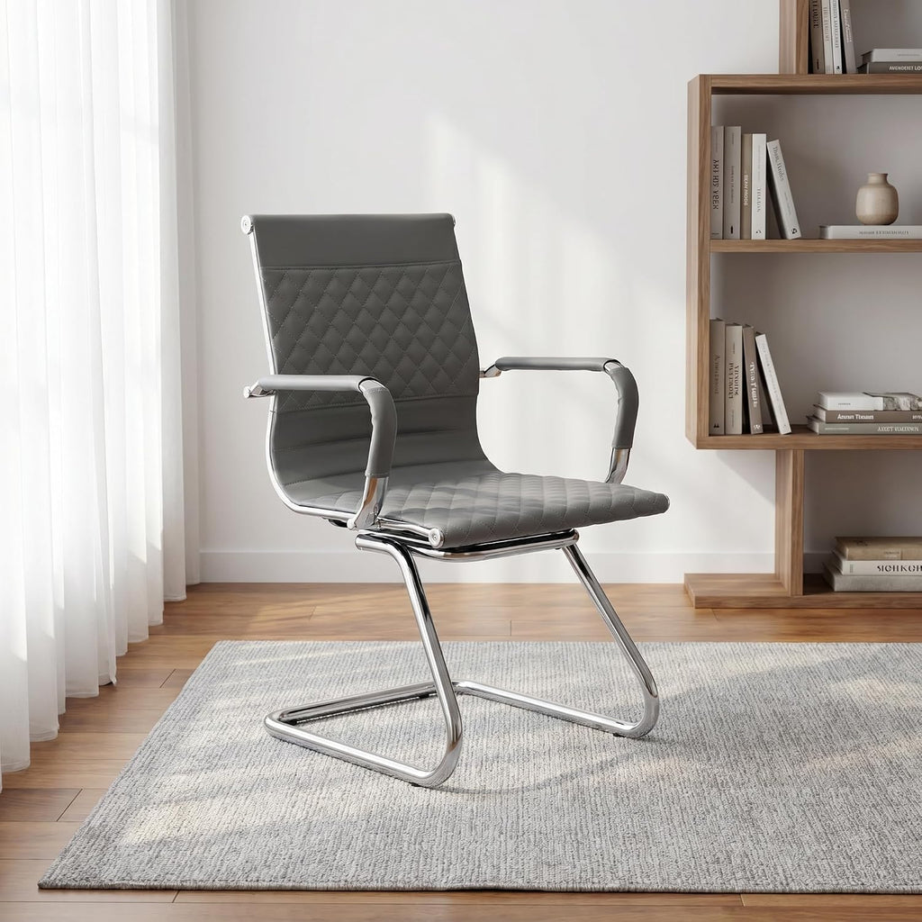 VESCASA Set of 2 Office Guest Chairs with Padded Arms, Stationary PU Leather Reception Chairs No Wheels, Sled Base Side Chair for Small Meeting Room or Home Office (Gray)