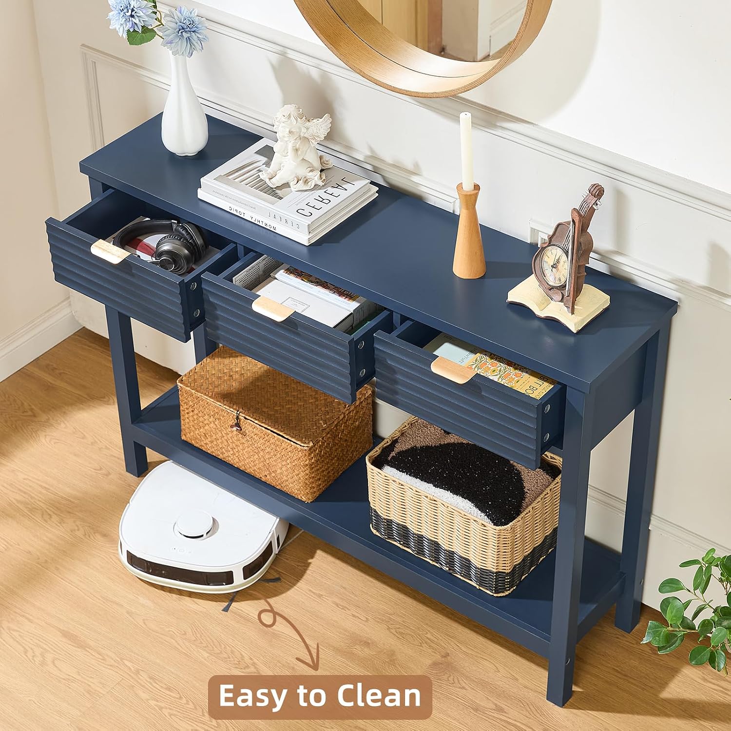 LEYAOYAO Fluted 47.2" Console Table with 3 Drawers, Modern Wood 2 Tier Entryway Table with Open Storage Shelf, Sofa Entry Tables Behind Couch for Living Room, Hallway, Entrance Foyer, Dark Navy Blue