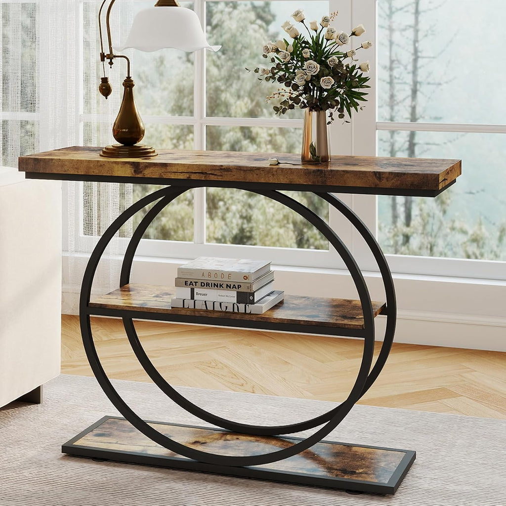 Arbuxzuy 41.3 Entryway Table, Industrial 3-Tier Narrow Console Table, Round Frame Foyer Table for Living Room, Hallway, Wood Accent Tables with Storage Shelves Brown & Black(Lagre)