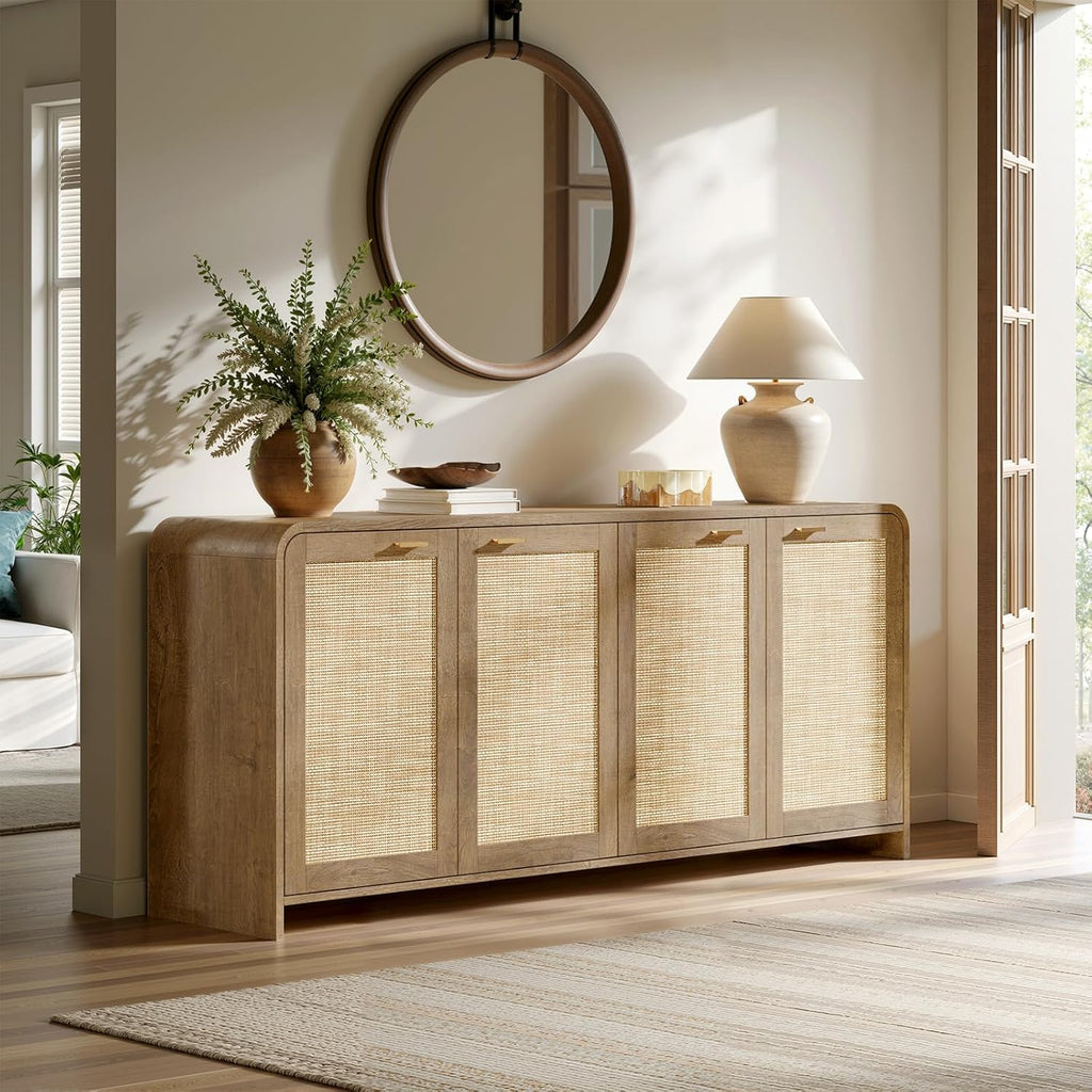 Evermagin 67" Rattan Buffet Cabinet with Storage, Boho Sideboard Cabinet with 4 Doors, Large Credenza Sideboard Buffet for Living Room, Hallway and Kitchen, Caramel Oak