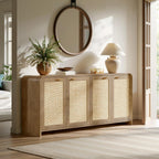 Evermagin 67" Rattan Buffet Cabinet with Storage, Boho Sideboard Cabinet with 4 Doors, Large Credenza Sideboard Buffet for Living Room, Hallway and Kitchen, Caramel Oak