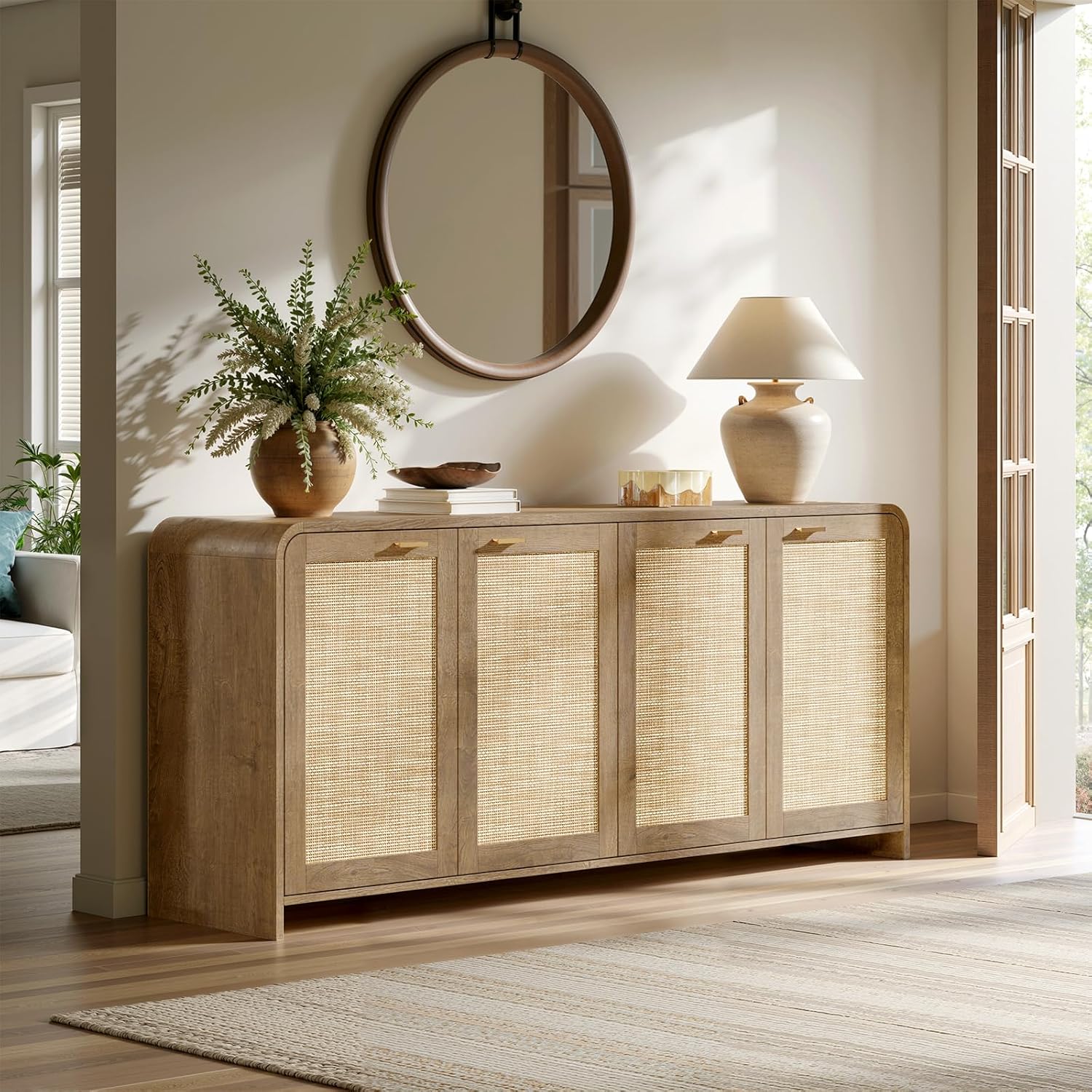 Evermagin 67" Rattan Buffet Cabinet with Storage, Boho Sideboard Cabinet with 4 Doors, Large Credenza Sideboard Buffet for Living Room, Hallway and Kitchen, Caramel Oak