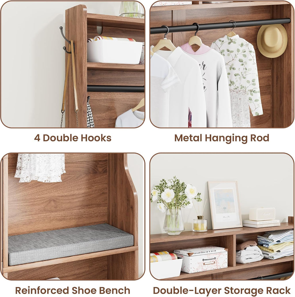 78" Tall Hall Tree with Bench and Shoe Storage, Entryway Hall Tree with Hanging Rod, 4 Hooks, Flip Shoe Cabinet and Storage Shelves, Modern Rustic Entryway Furniture for Mudroom ,Hallway (Walnut)