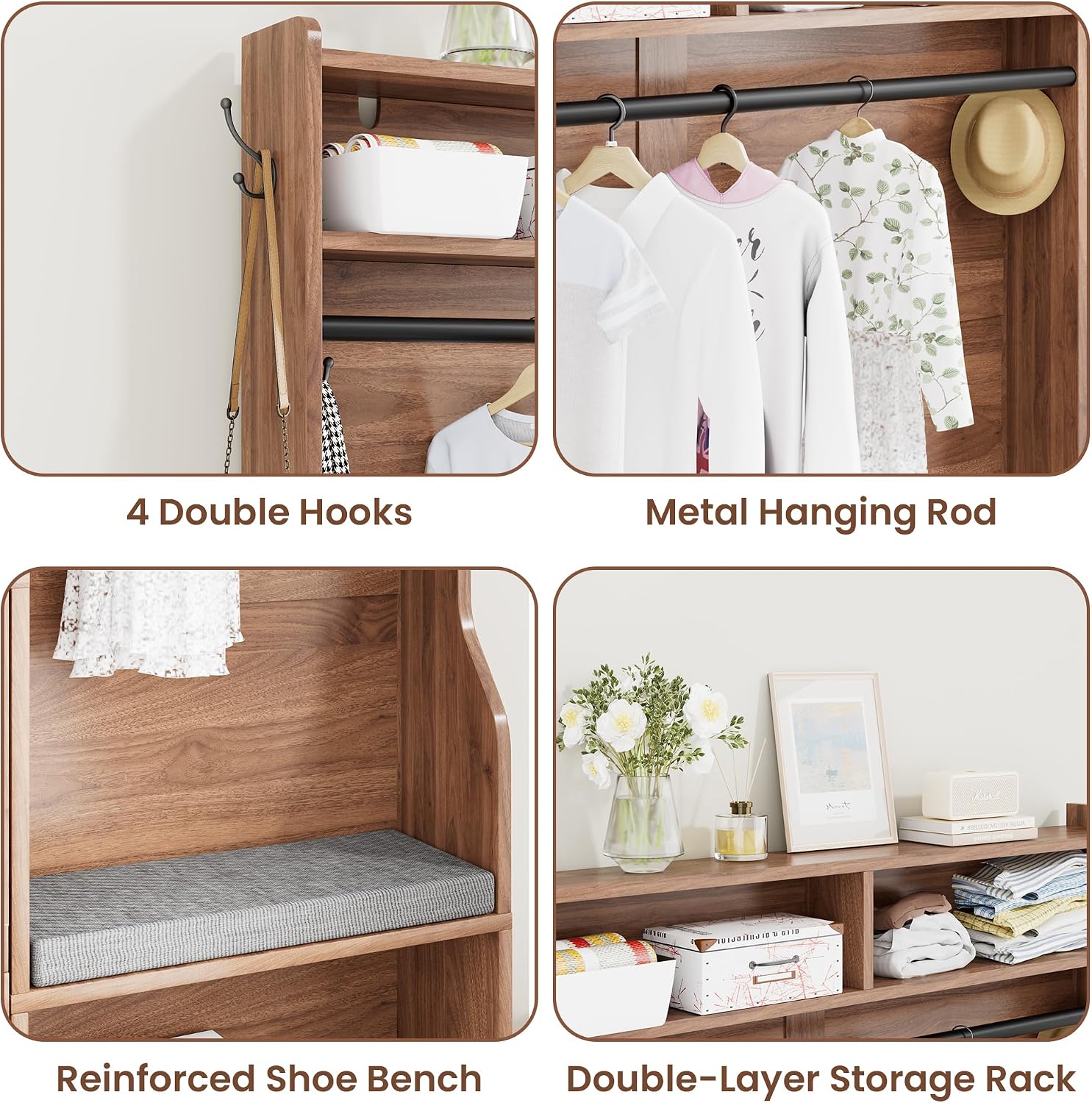 78" Tall Hall Tree with Bench and Shoe Storage, Entryway Hall Tree with Hanging Rod, 4 Hooks, Flip Shoe Cabinet and Storage Shelves, Modern Rustic Entryway Furniture for Mudroom ,Hallway (Walnut)