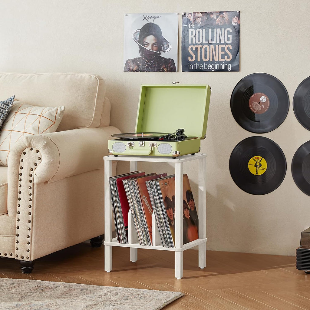 LELELINKY 2-Tier Record Player Stand with Vinyl Record Storage up to 100 Albums, Bedroom Record Holder and Multi-Functional End Table for Living Room, Grey White