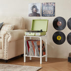 LELELINKY 2-Tier Record Player Stand with Vinyl Record Storage up to 100 Albums, Bedroom Record Holder and Multi-Functional End Table for Living Room, Grey White