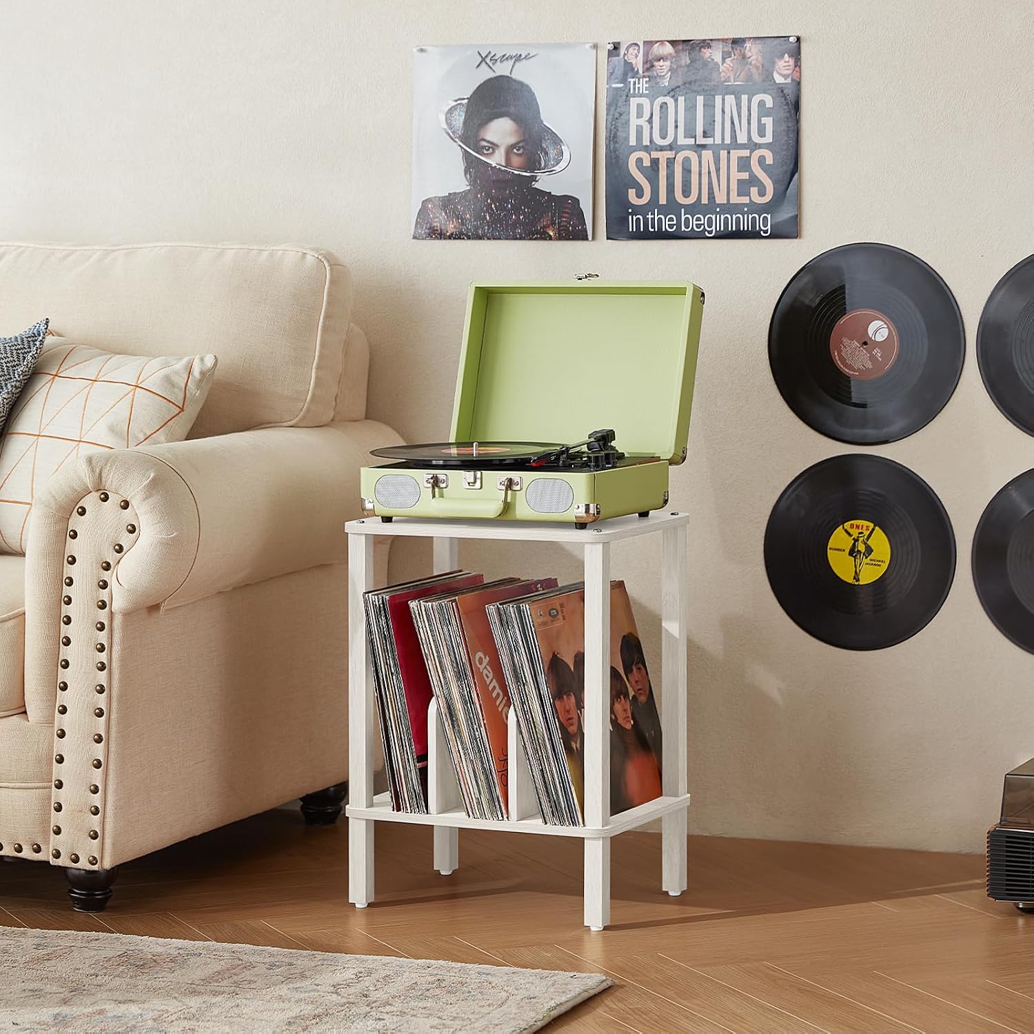 LELELINKY 2-Tier Record Player Stand with Vinyl Record Storage up to 100 Albums, Bedroom Record Holder and Multi-Functional End Table for Living Room, Grey White