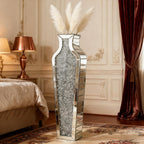 SHYFOY Crushed Diamond Floor Vase with Pampas Grass, Large Silver Mirror Tall Vases for Floor, Modern Luxury Glass Vases Home Decor for Living Room Bedroom Home Corner Indoor Office, 26.8" Tall