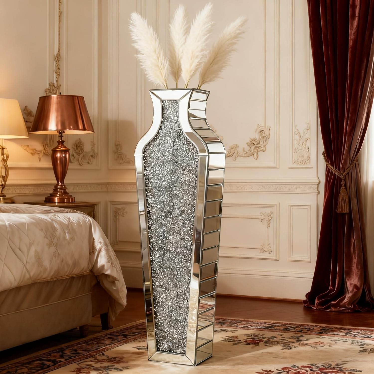 SHYFOY Crushed Diamond Floor Vase with Pampas Grass, Large Silver Mirror Tall Vases for Floor, Modern Luxury Glass Vases Home Decor for Living Room Bedroom Home Corner Indoor Office, 26.8" Tall
