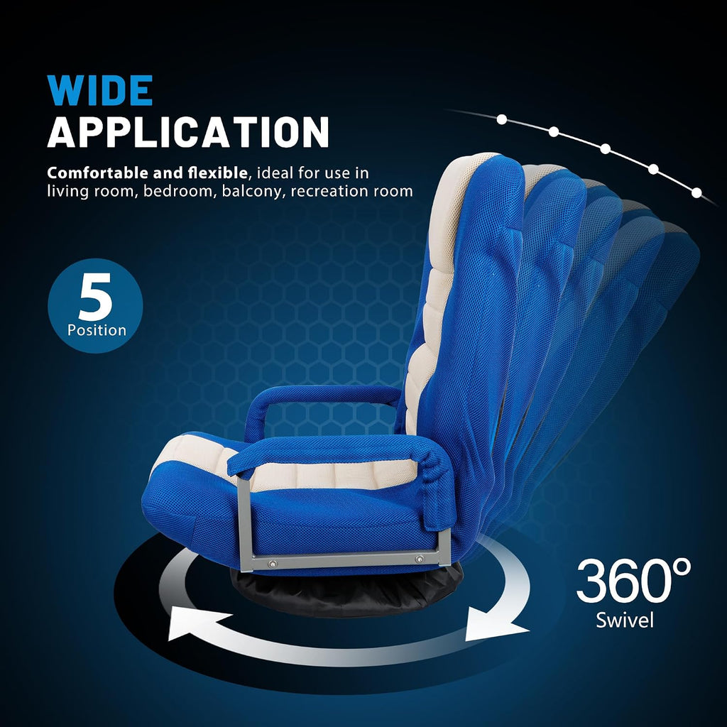 360 Degree Swivel Gaming Chair Foldable Floor Sofa Chair for TV Reading Playing Video Games with Lumbar Support, Armrest Handles, Adjustable Backrest, Blue & Beige