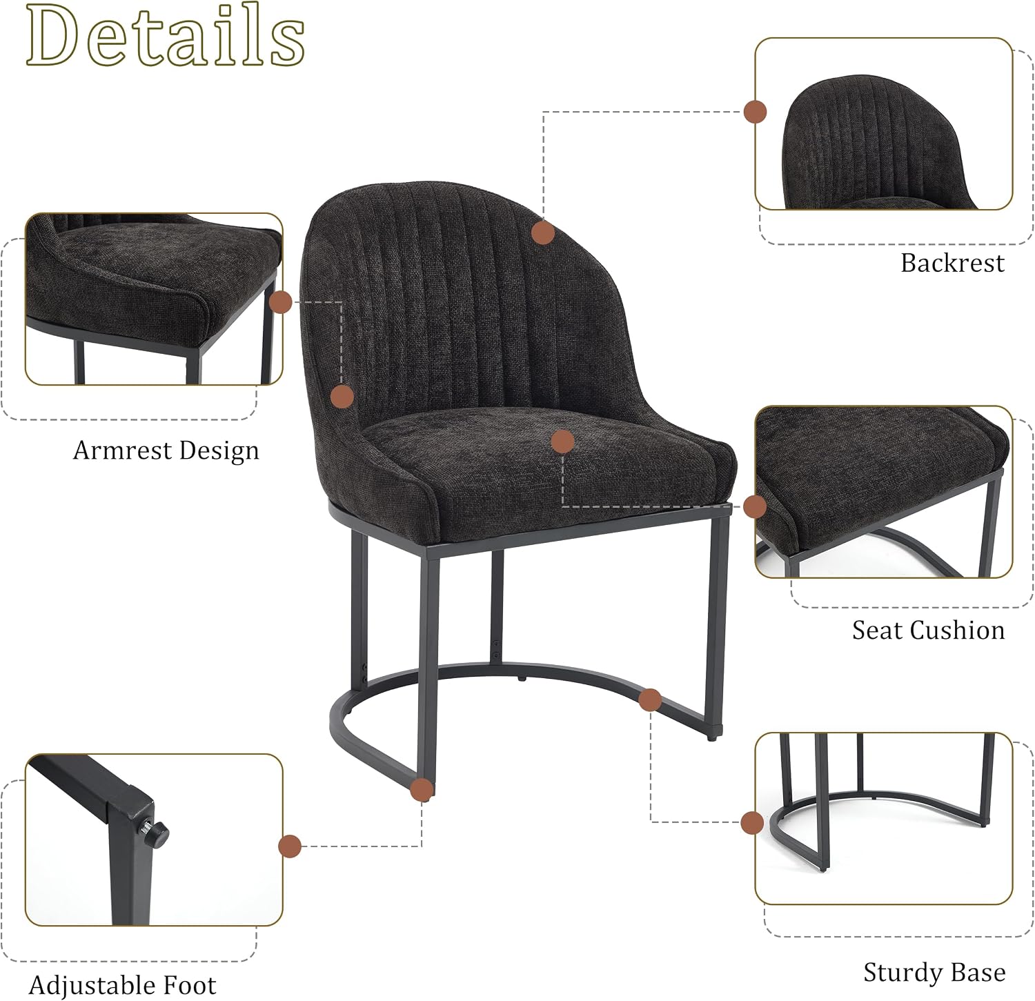 Dining Chairs Set of 2, Linen Upholstered Dining Room Chairs with Black Metal Legs, Modern Kitchen Side Chairs Reading Chair (Black+Black, Set of 2)