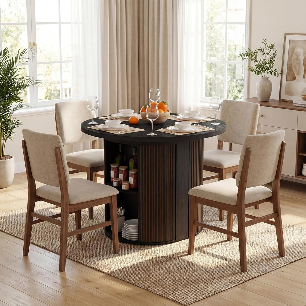 Modern Extendable Round Dining Table, 38.6" to 110.2" Expandable Fluted Table for 2-12 People with Storage, Space Saving Table for Party, Meeting, Celebration (Black)
