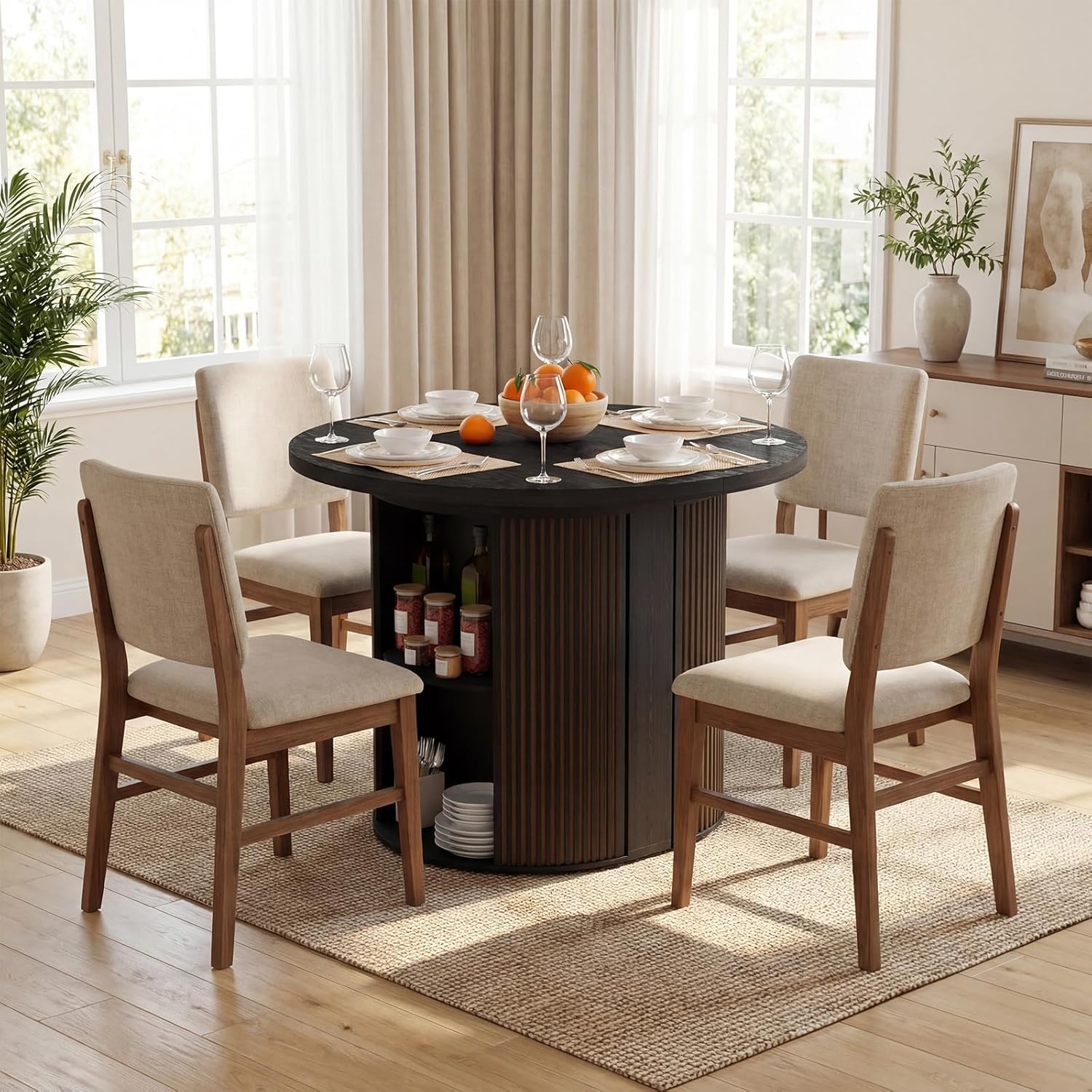 Modern Extendable Round Dining Table, 38.6" to 110.2" Expandable Fluted Table for 2-12 People with Storage, Space Saving Table for Party, Meeting, Celebration (Black)