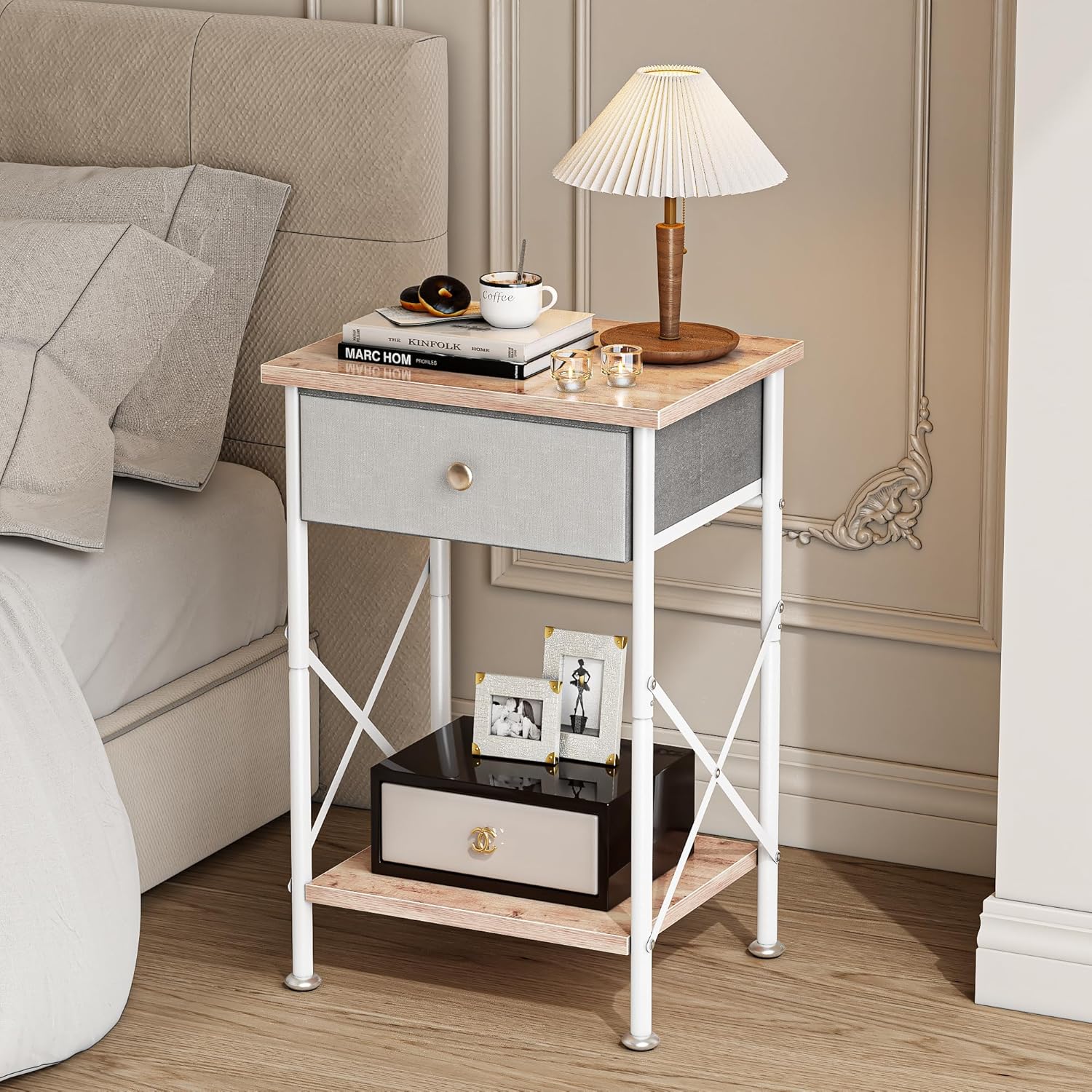 VECELO End Tables, Modern Nightstand with Fabric Drawer & Open Shelf, Night Stand for Bedroom Living Room, Industrial Metal Frame, Easy Assembly, Grey,2 Pack