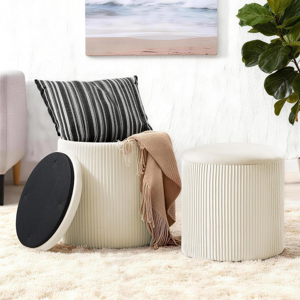 Vanity Stool Set of 2 - Round Storage Ottoman with Lid, Velvet Footrest Pouf for Makeup Room & Living Room, Multi-Use Small Chair with Hidden Storage（Beige）