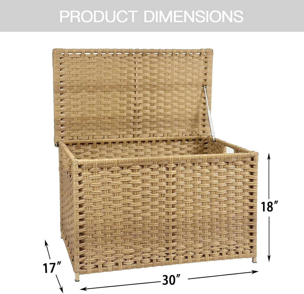 Wicker Storage Trunk, Large Storage Basket with Lid,Rural Natural | Handwoven Wicker Chest with Stay-Open Lid, 30 x 17 x 18 in, 160L（42.3 Gallon）Metal Frame, Easy to Assemble, Supports 200lb