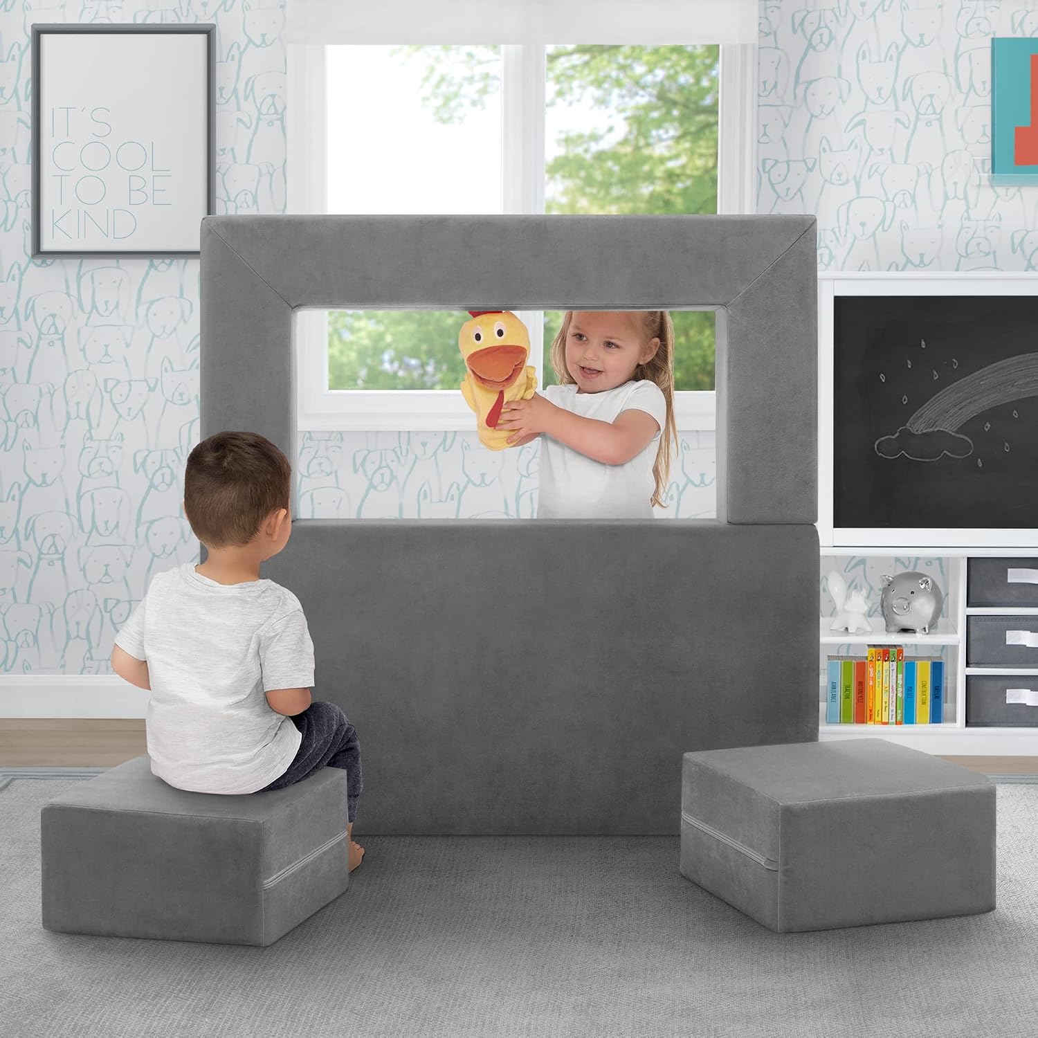 Delta Children Convertible Sofa and Play Set for Kids and Toddlers Modular Foam Couch and Flip Out Lounger with 2 Ottomans, Grey