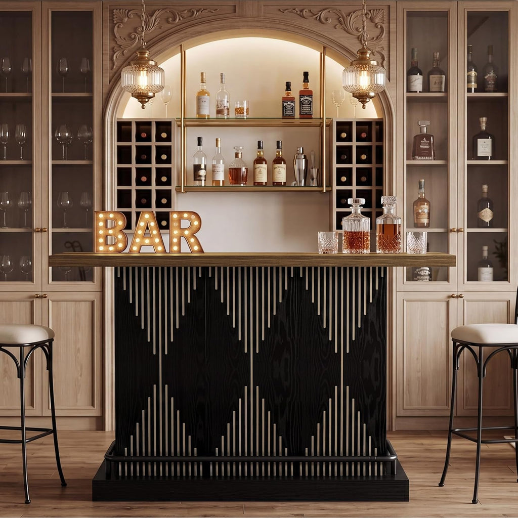 Tribesigns 63" Bar Table, Sturdy Modern Counter Height Pub Table with 2-Tier Storage Shelf and Metal Footrest, Rectangular Wood Home Bar Unit for Kitchen, Living Room, Black