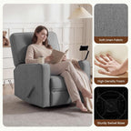 360° Swivel Rocker Recliner Chair with Adjustable Footrest, Rocking Chair Nursery with Phone Stand & Cup Holder,Manual Nursing Chair Glider Recliner Armchair for Adults, Living Room (Grey)