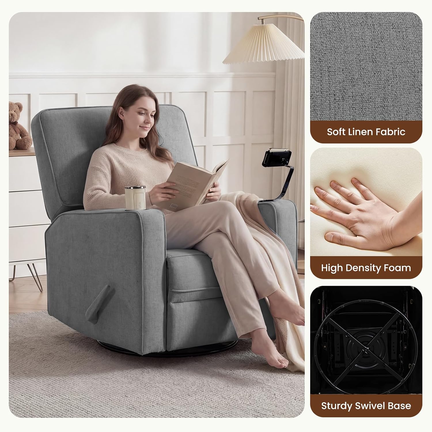 360° Swivel Rocker Recliner Chair with Adjustable Footrest, Rocking Chair Nursery with Phone Stand & Cup Holder,Manual Nursing Chair Glider Recliner Armchair for Adults, Living Room (Grey)