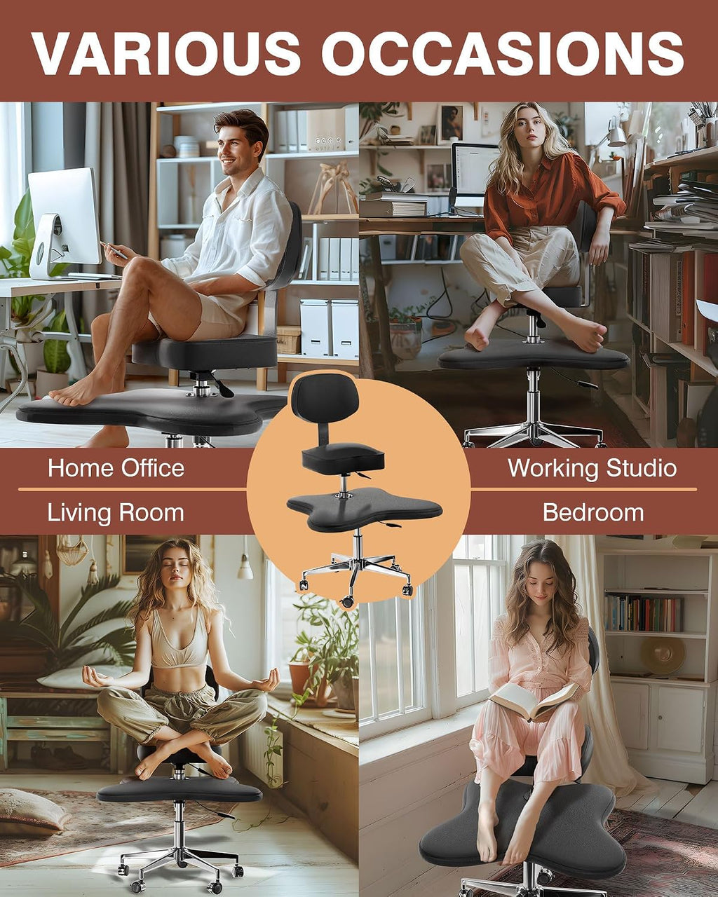 PYY ADHD Chairs for Adults - Meditation Cross Legged Office Chair with Wheels, Ergonomic Fidget Squatting Kneeling Chair with Lumbar Back Support Adjustable Height for Home Office