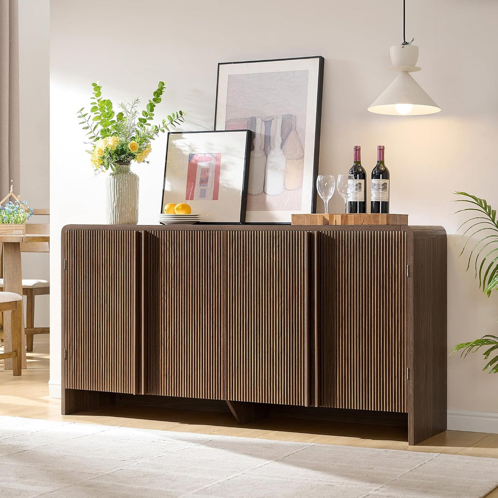 AMERLIFE 63" Fluted Sideboard Buffet Cabinet with Storage, Modern Credenza Console with 4 Doors & Adjustable Shelves, Wood Coffee Bar for Kitchen, Living Room, Hallway, Brown