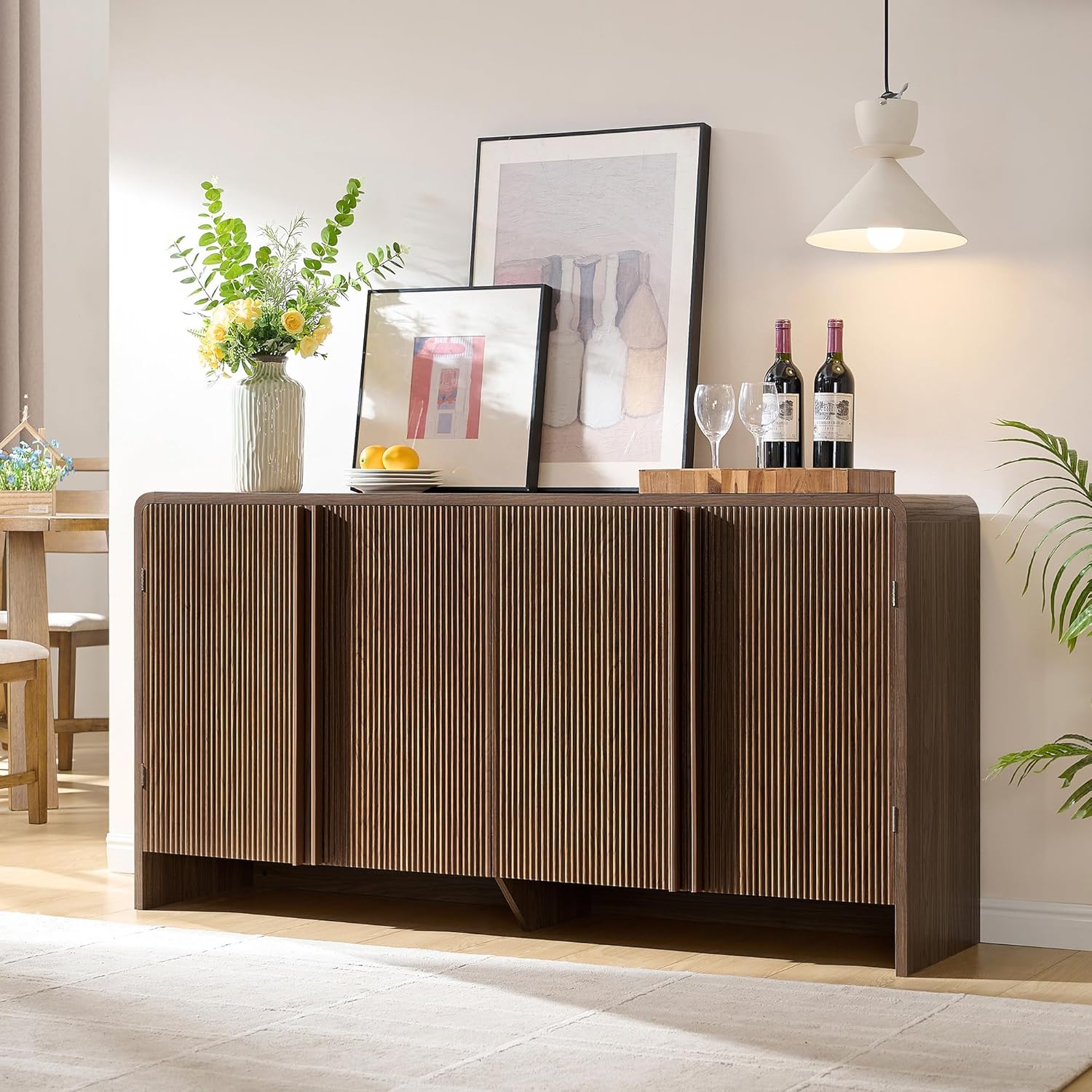 AMERLIFE 63" Fluted Sideboard Buffet Cabinet with Storage, Modern Credenza Console with 4 Doors & Adjustable Shelves, Wood Coffee Bar for Kitchen, Living Room, Hallway, Brown