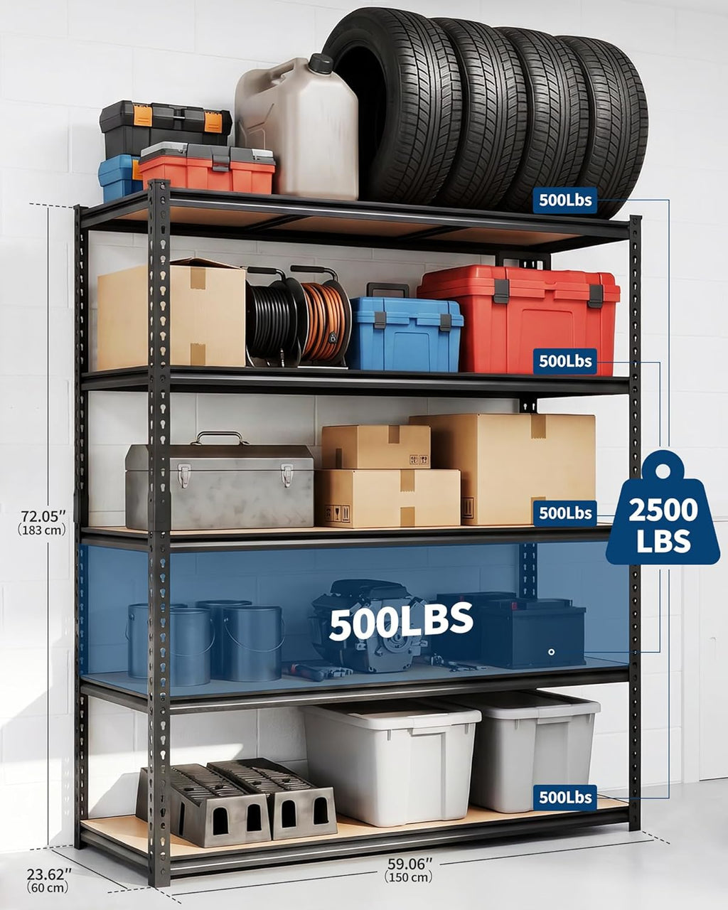 5-Tier Storage Shelving Unit, 60" W x 24" D x 72" H, Carbon Steel Utility Shelves, 2500 lbs Load Capacity, Adjustable Metal Freestanding Garage Shelf for Pantry, Basement, Warehouse, Heavy Duty