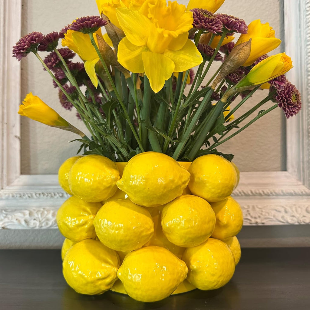 Lemon Vase -Cheery Yellow Ceramic French/Mediterranean Style Unique Vase with 3D Lemon Design- Lemon Kitchen Decor - Lemon Themed Housewarming Gift for her