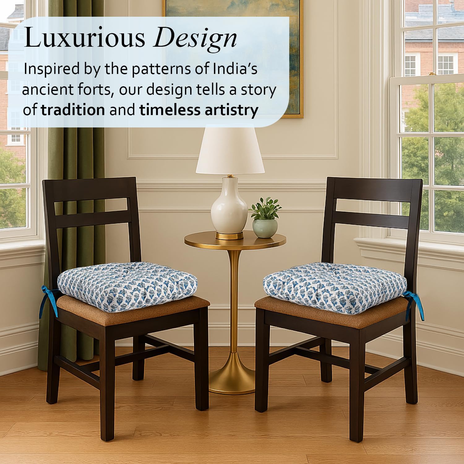 CPC Apatite Blue Hand Block Printed Cotton Chair Cushions Set of 2,Reversible Outdoor/Indoor Chair Pads for Kitchen, Dining Room, Office, Patio Chairs, 16"x15"x4"
