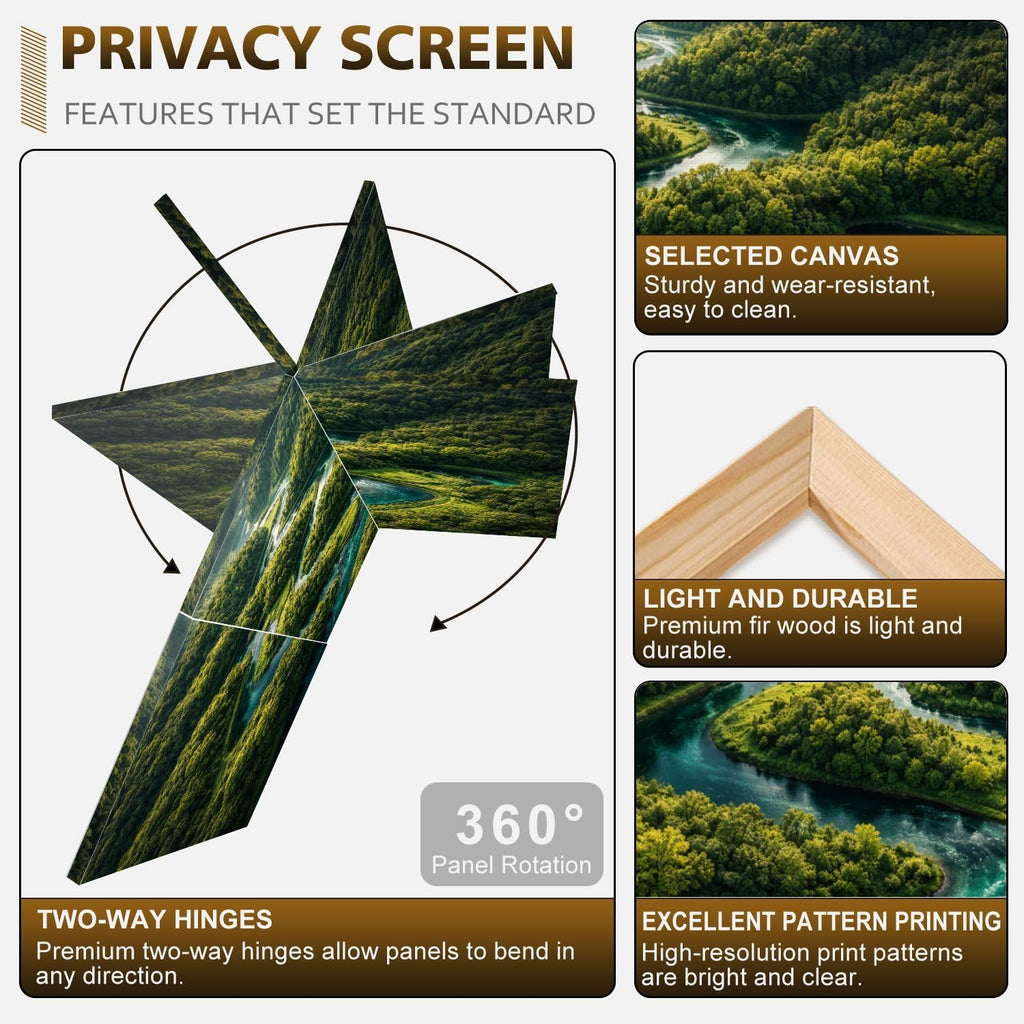 Small 3 Panels Folding Screen Room Divider Winding River Green Forest Vibrant Blue Water Boho Divider for Room Separation Portable Privacy Partition Screen Indoor