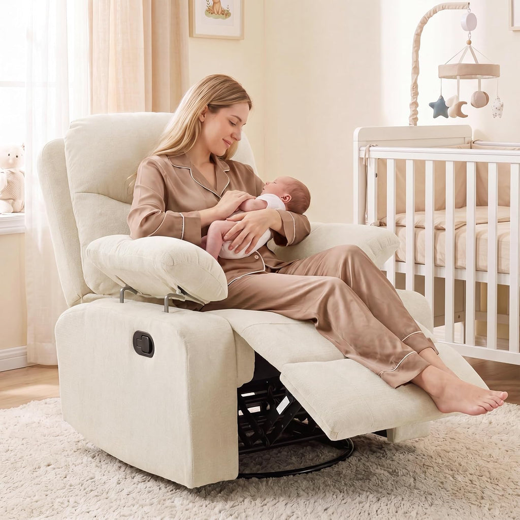 FiveWillowise Rocking Chair Nursery with Adjustable Armrests, 360° Swivel Rocker Recliner for Moms, Manual Gilder Rocker Nursing Chair with Wide Foot Rest for Living Room, Bedroom, Beige