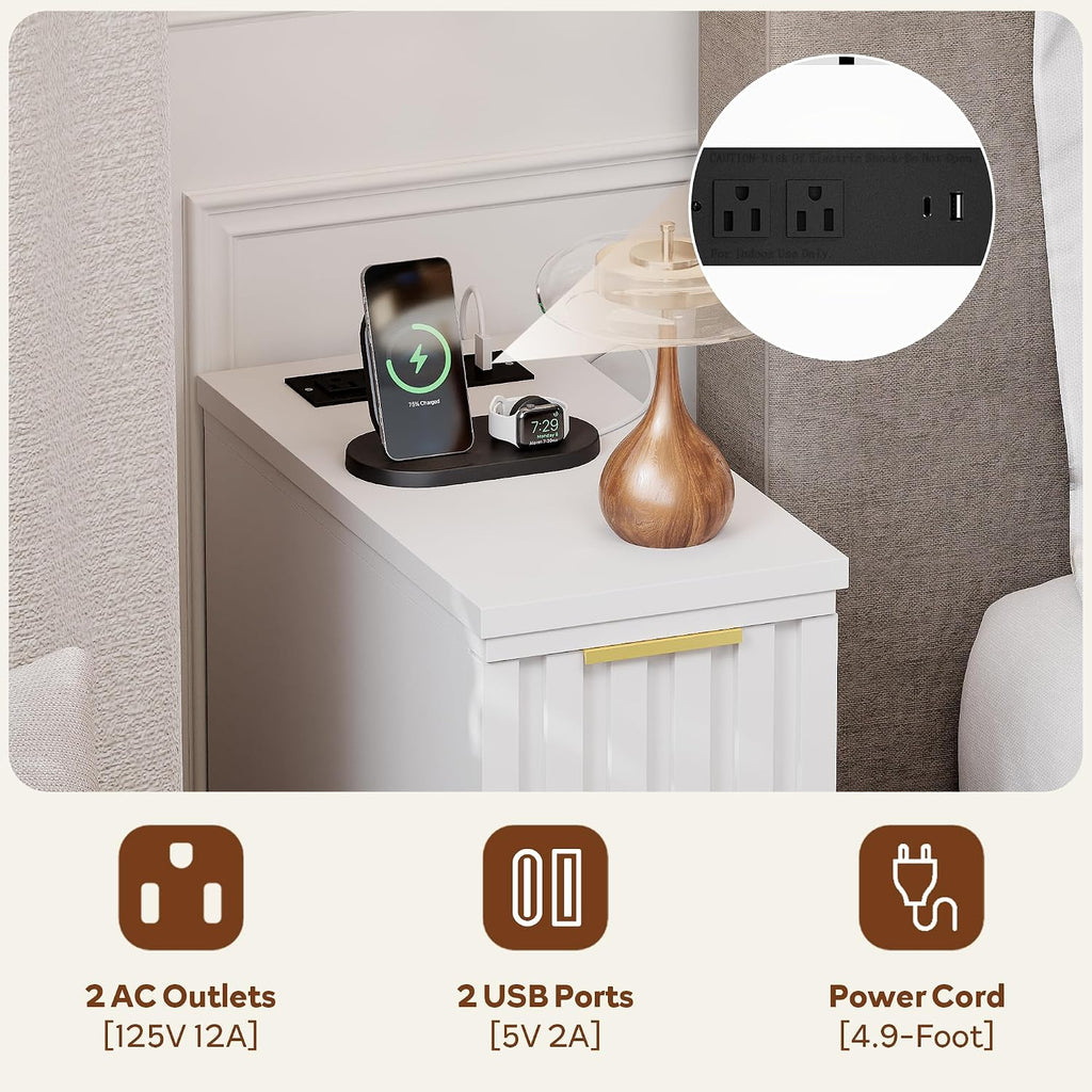LAZZO End Tables Living Room Set of 2 Narrow End Table 7.9" Nightstands Set of 2 Modern Fluted Front Bedside Tables with 2 Drawers and Charging Station for Living Room, Bedroom, Small Space White
