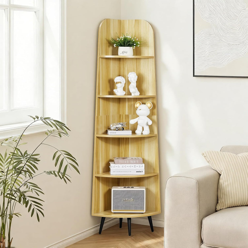 VECELO Large Corner Shelf - 66.93" Tall 5-Tier Organizer, Modern Corner Bookshelf for Display & Storage, Home Decor for Living Room, Bedroom, Natural Wood