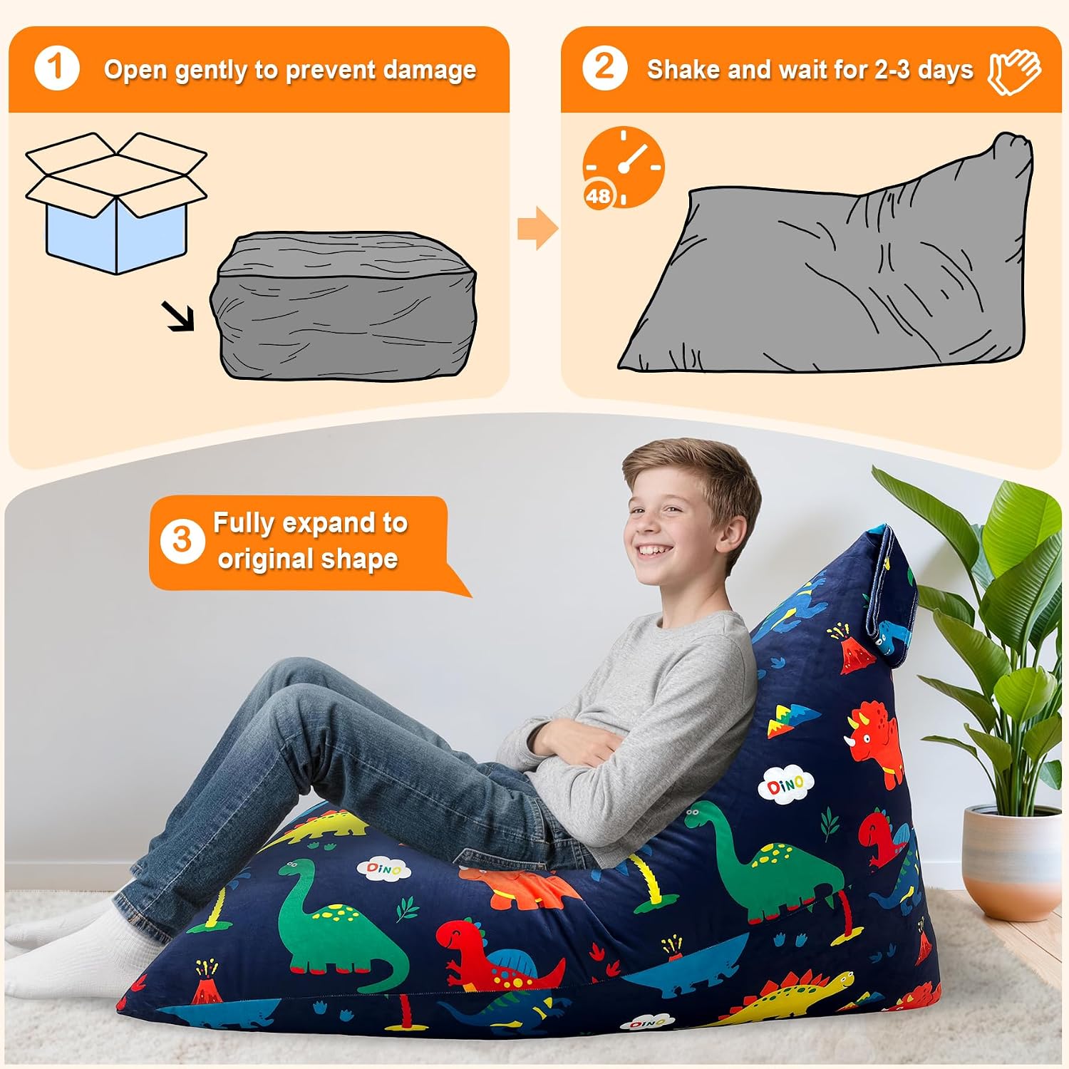 Lukeight Dinosaur Bean Bag Chair for Kids Teens Adults, Memory Foam Bean Bag Sofa with Removable Cover, Cozy Beanbag Chair for Living Room, Lazy Sofa for Gaming and Reading, X-Large