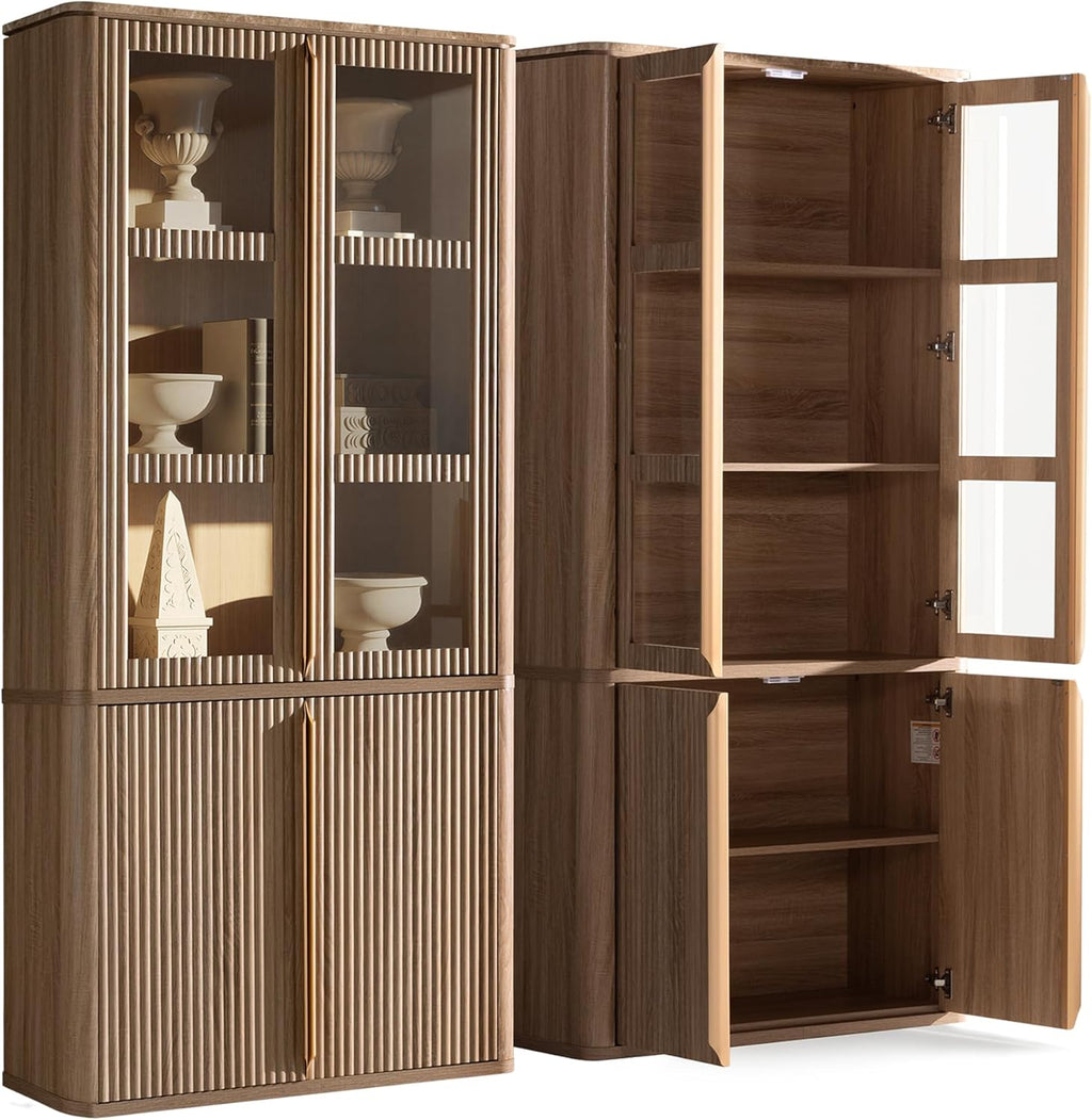 77" Tall Pantry Cabinets with Glass Doors, Fluted Storage Cabinet, Oak 2pcs | Wooden Kitchen Food Cupboard, Adjustable Shelves, Modern Display Storage Closet for Living Room, Dining Room, Office