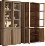 77" Tall Pantry Cabinets with Glass Doors, Fluted Storage Cabinet, Oak 2pcs | Wooden Kitchen Food Cupboard, Adjustable Shelves, Modern Display Storage Closet for Living Room, Dining Room, Office
