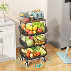 SAYZH 4-Tier Fruit and Vegetable Basket Stand for Kitchen, Wood Top, Black | Stackable Vegetable Storage Baskets with Wheel, Metal Wire Storage Carts for Onion, Potato and Snacks