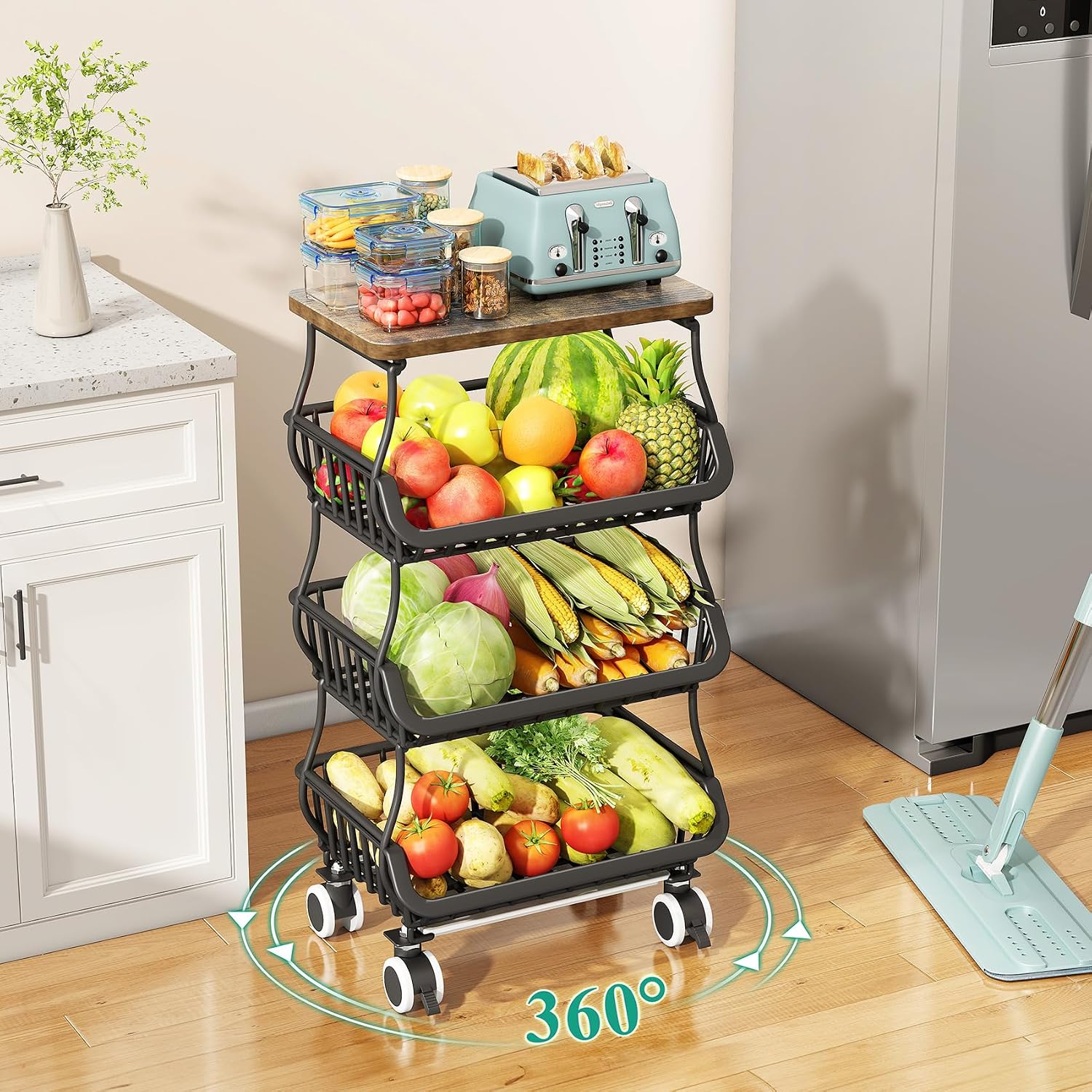 SAYZH 4-Tier Fruit and Vegetable Basket Stand for Kitchen, Wood Top, Black | Stackable Vegetable Storage Baskets with Wheel, Metal Wire Storage Carts for Onion, Potato and Snacks