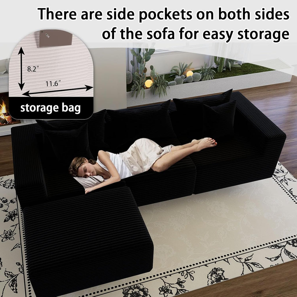 Oversized Cloud Couch Ottoman, Frameless Wide-Wale Corduroy Footrest for Living Room, High-Density All-Foam Large Rectangle Boneless Ottoman Coffee Table for Sectional Sofa (Black, Ottoman)